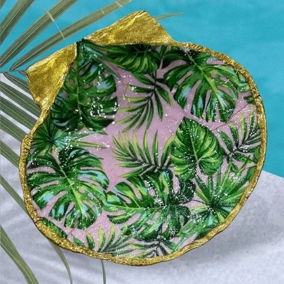 Hand Crafted Tropical Palm Leaf Print Trinket Shell Dish Green - Picture 3 of 6